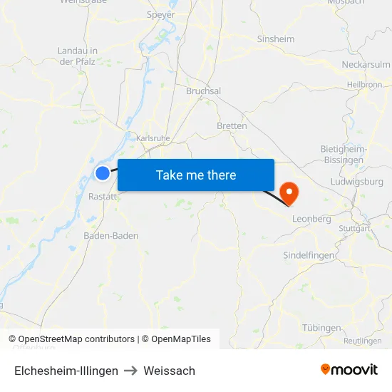 Elchesheim-Illingen to Weissach map