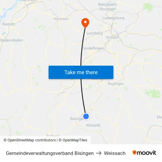 Gemeindeverwaltungsverband Bisingen to Weissach map