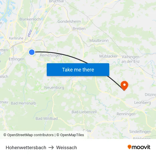 Hohenwettersbach to Weissach map