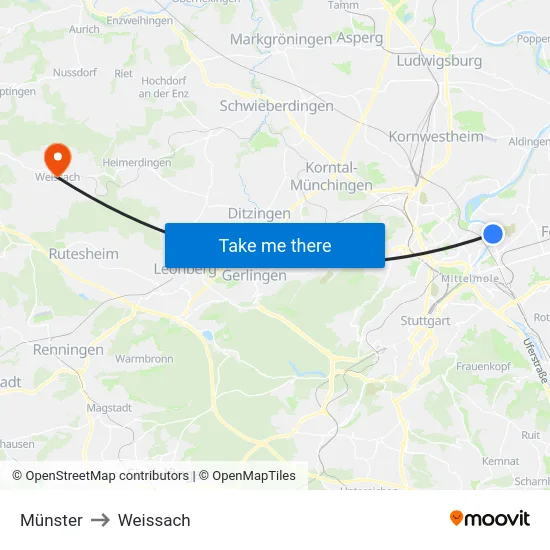 Münster to Weissach map