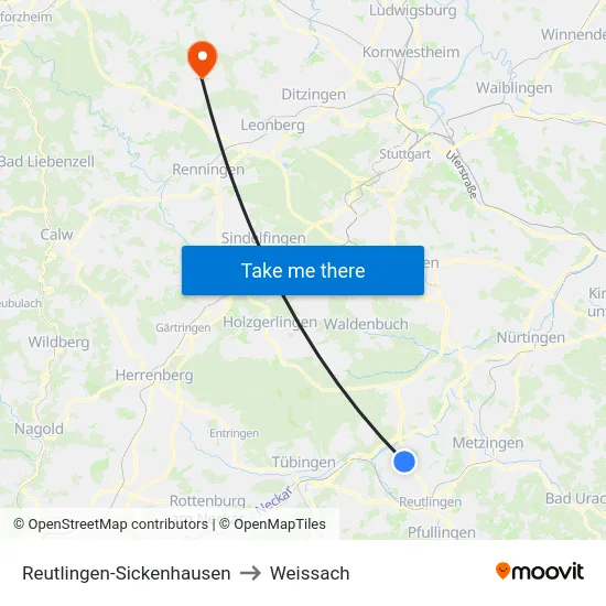 Reutlingen-Sickenhausen to Weissach map