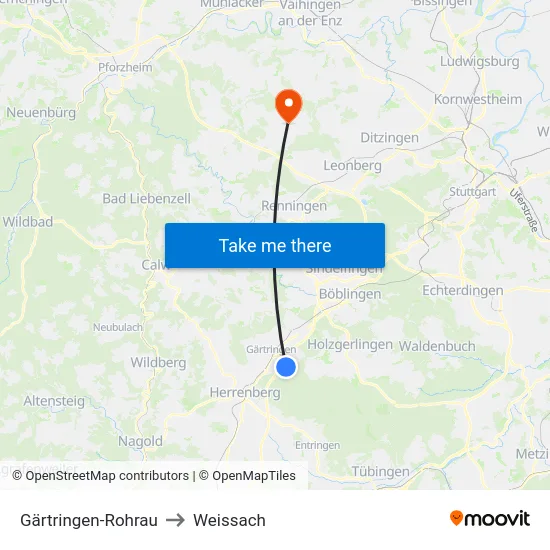 Gärtringen-Rohrau to Weissach map