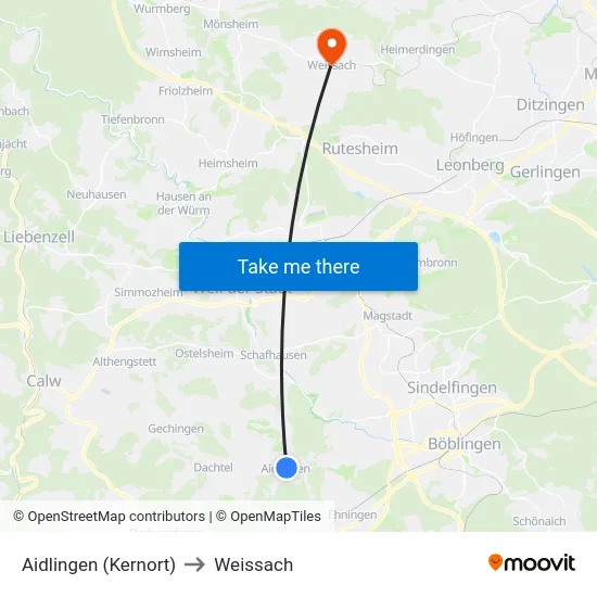 Aidlingen (Kernort) to Weissach map