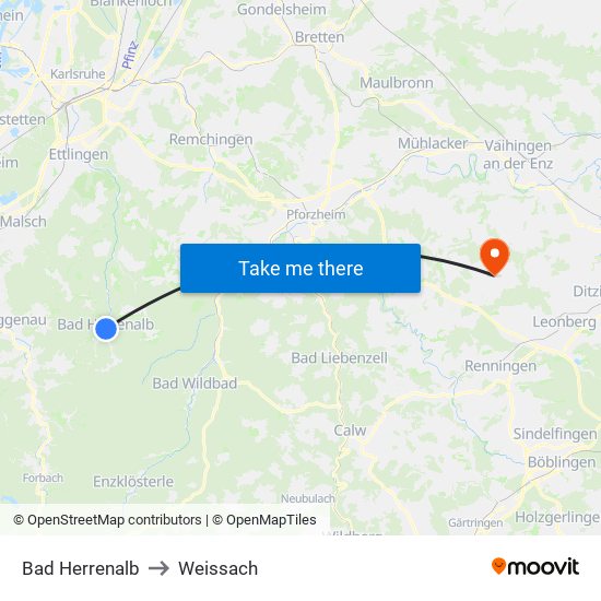 Bad Herrenalb to Weissach map