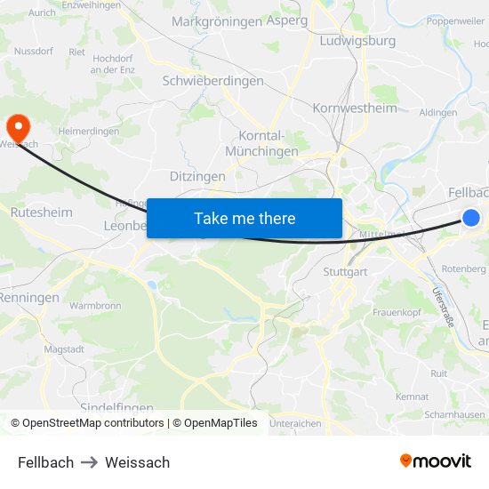 Fellbach to Weissach map