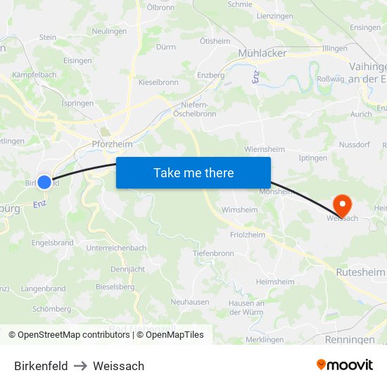 Birkenfeld to Weissach map