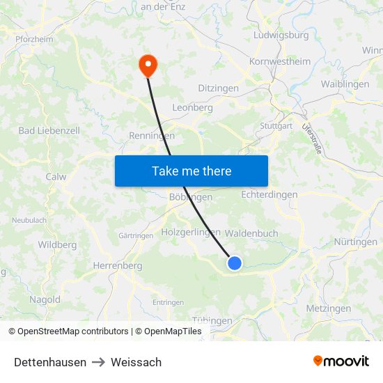 Dettenhausen to Weissach map