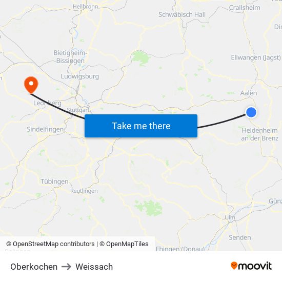 Oberkochen to Weissach map