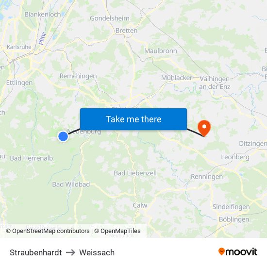 Straubenhardt to Weissach map