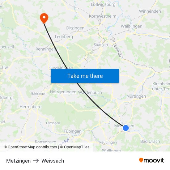 Metzingen to Weissach map