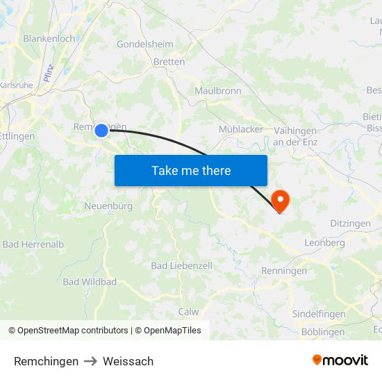 Remchingen to Weissach map