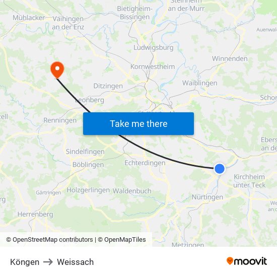 Köngen to Weissach map