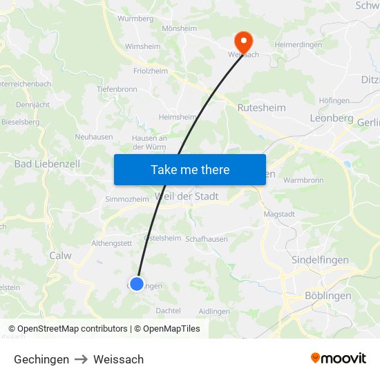 Gechingen to Weissach map