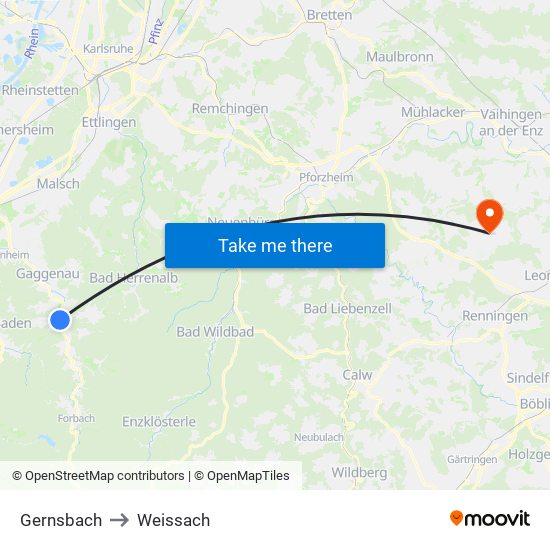 Gernsbach to Weissach map