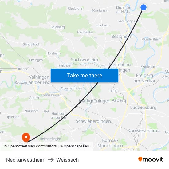 Neckarwestheim to Weissach map