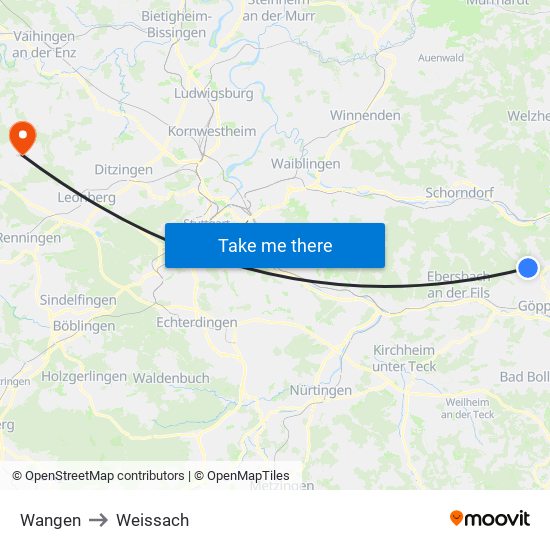 Wangen to Weissach map