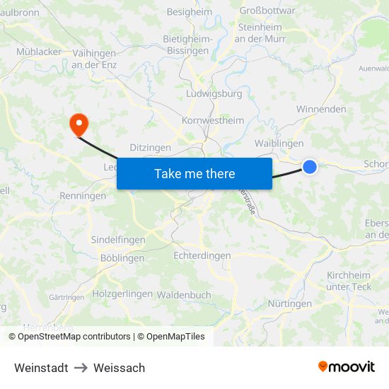 Weinstadt to Weissach map