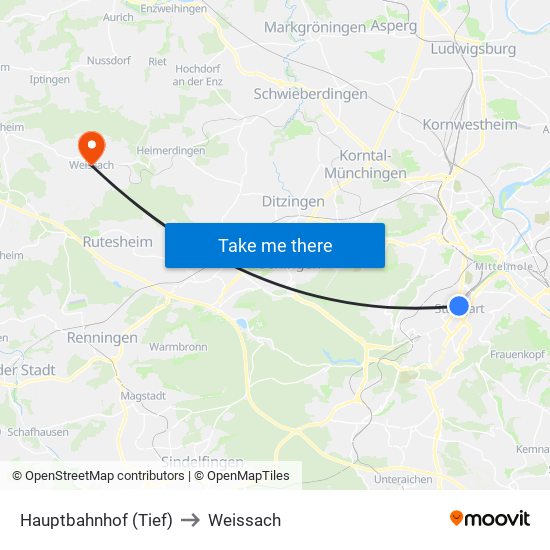 Hauptbahnhof (Tief) to Weissach map