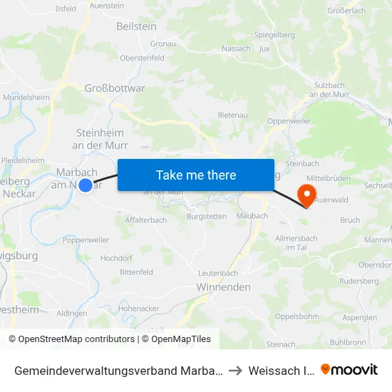 Gemeindeverwaltungsverband Marbach am Neckar to Weissach Im Tal map