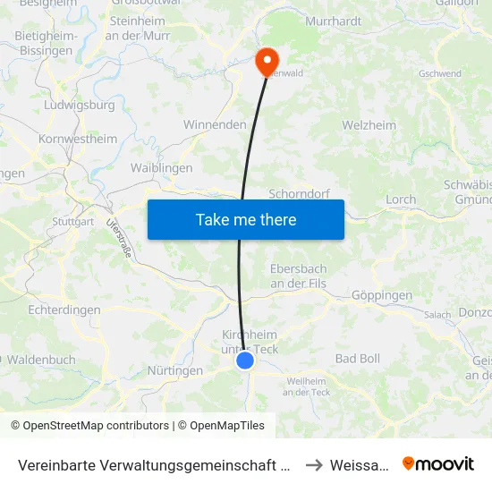 Vereinbarte Verwaltungsgemeinschaft Der Stadt Kirchheim Unter Teck to Weissach Im Tal map