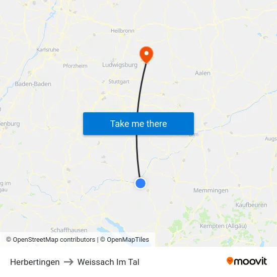 Herbertingen to Weissach Im Tal map