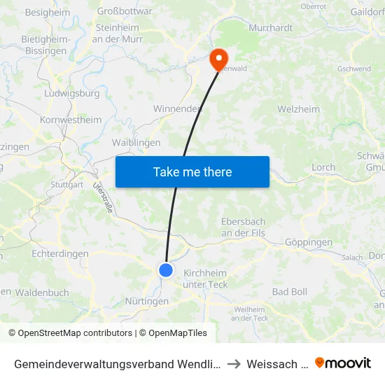 Gemeindeverwaltungsverband Wendlingen am Neckar to Weissach Im Tal map