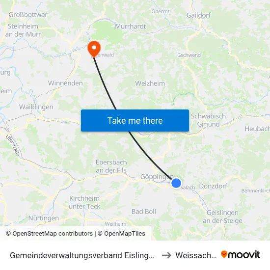 Gemeindeverwaltungsverband Eislingen-Ottenbach-Salach to Weissach Im Tal map