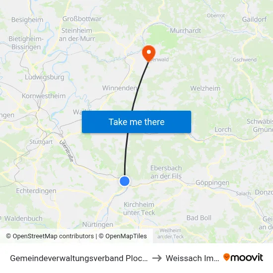 Gemeindeverwaltungsverband Plochingen to Weissach Im Tal map
