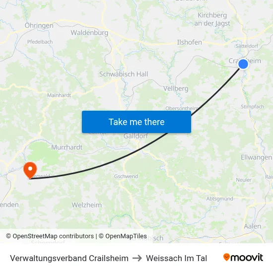 Verwaltungsverband Crailsheim to Weissach Im Tal map