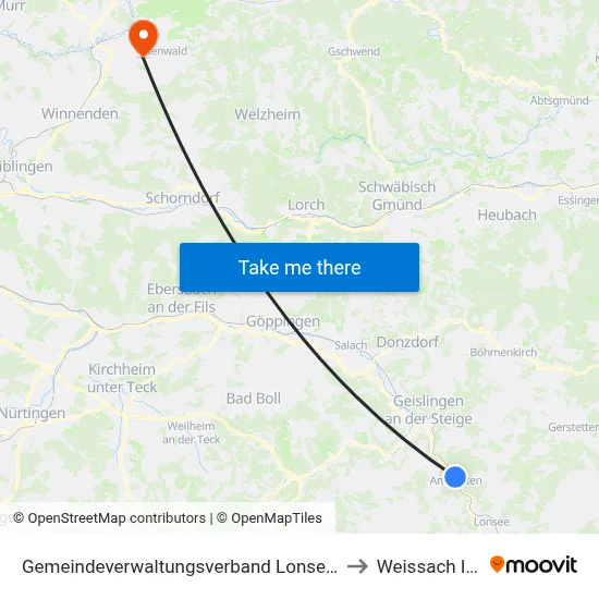 Gemeindeverwaltungsverband Lonsee-Amstetten to Weissach Im Tal map