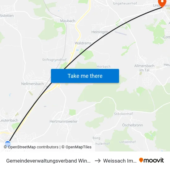 Gemeindeverwaltungsverband Winnenden to Weissach Im Tal map