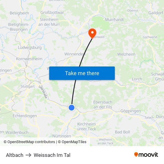 Altbach to Weissach Im Tal map