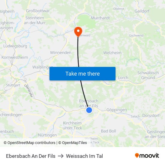 Ebersbach An Der Fils to Weissach Im Tal map