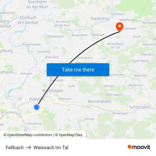 Fellbach to Weissach Im Tal map