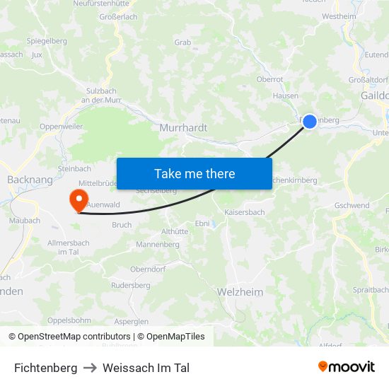 Fichtenberg to Weissach Im Tal map