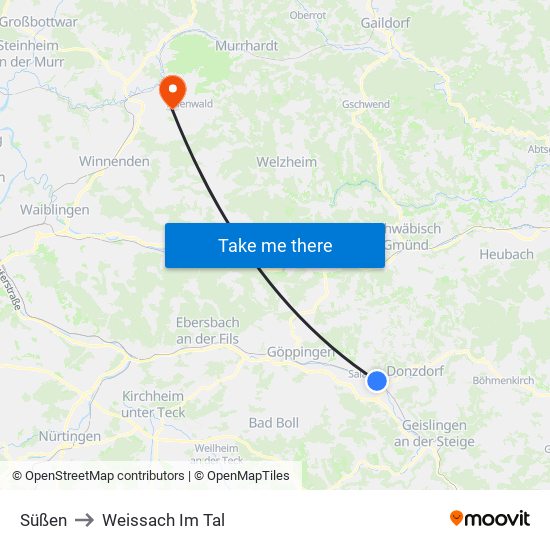 Süßen to Weissach Im Tal map