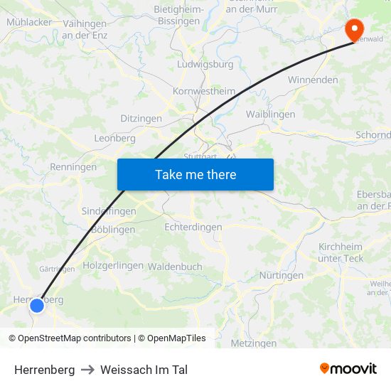 Herrenberg to Weissach Im Tal map