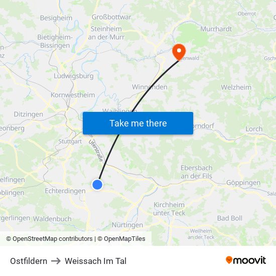 Ostfildern to Weissach Im Tal map