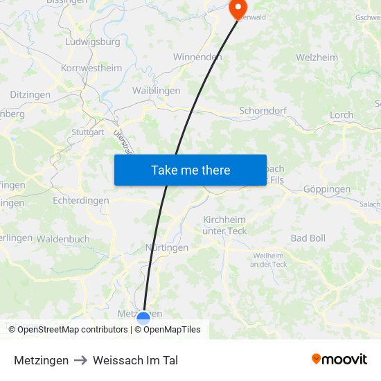 Metzingen to Weissach Im Tal map