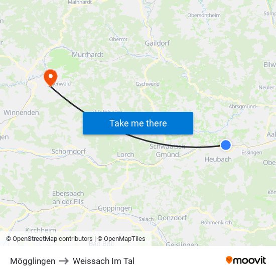 Mögglingen to Weissach Im Tal map