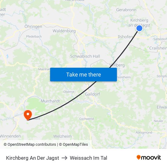 Kirchberg An Der Jagst to Weissach Im Tal map