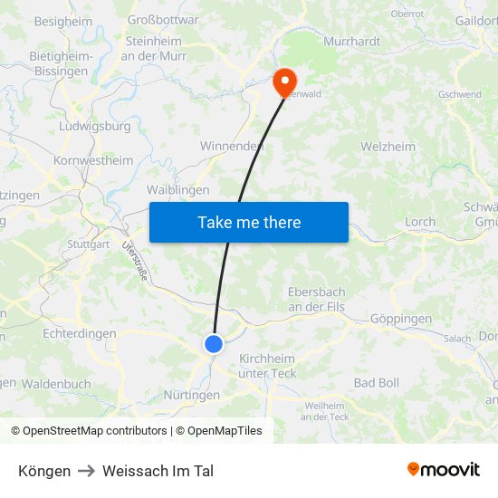 Köngen to Weissach Im Tal map