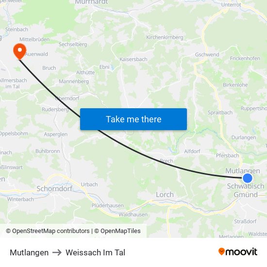 Mutlangen to Weissach Im Tal map