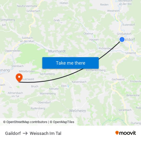 Gaildorf to Weissach Im Tal map