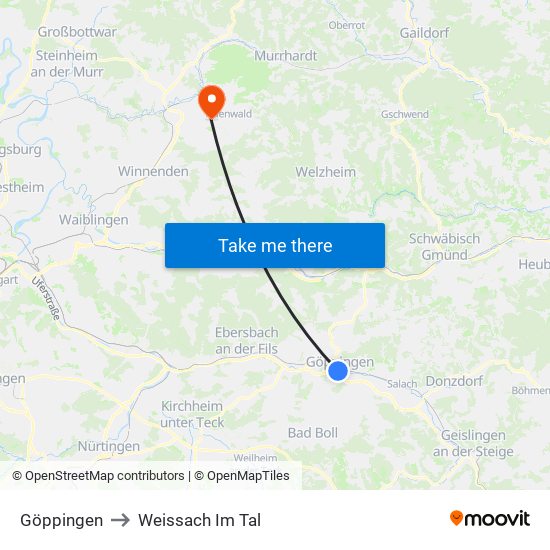 Göppingen to Weissach Im Tal map
