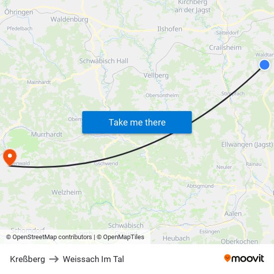 Kreßberg to Weissach Im Tal map