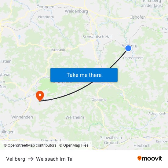 Vellberg to Weissach Im Tal map