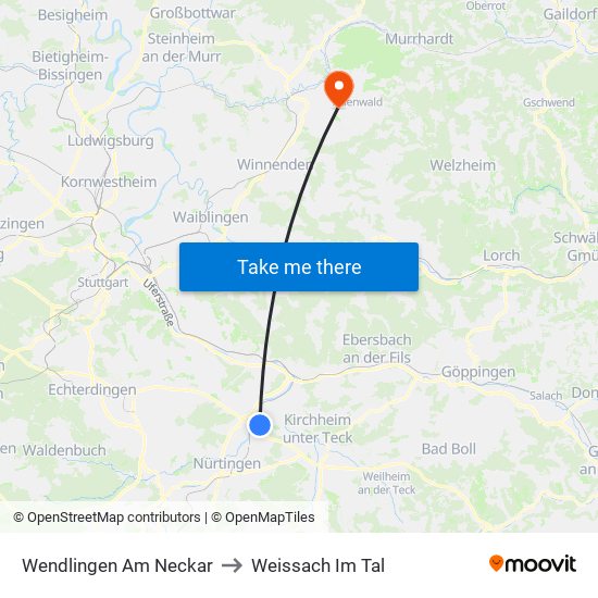 Wendlingen Am Neckar to Weissach Im Tal map