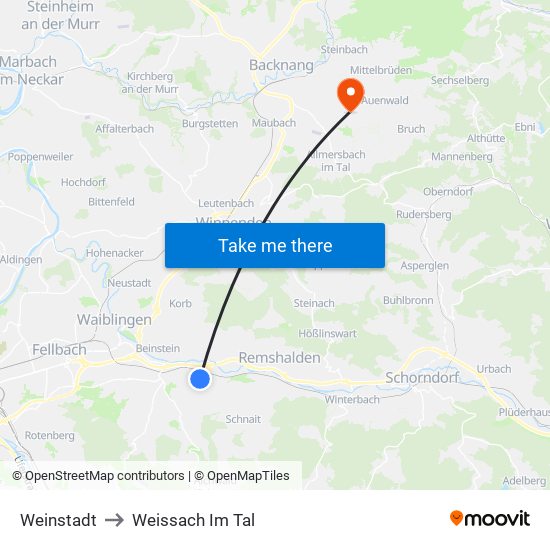 Weinstadt to Weissach Im Tal map