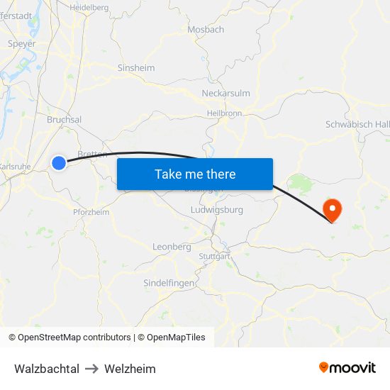 Walzbachtal to Welzheim map